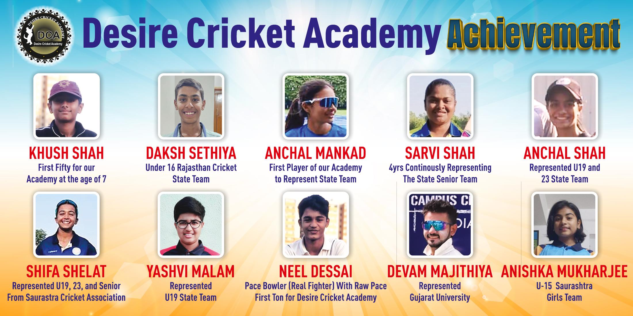 Desire Cricket Academy achievements — players representing state and university teams