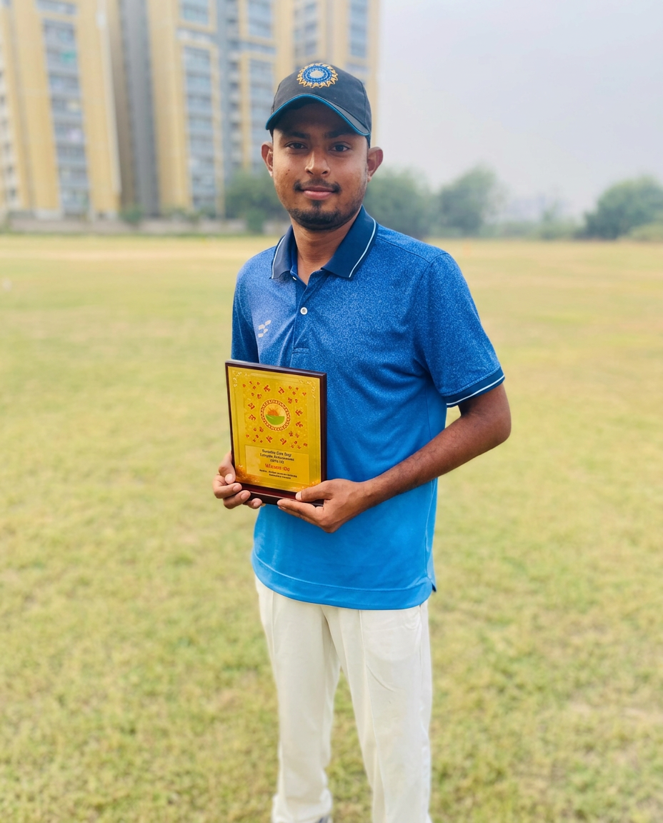 Senior player holding a Runner Up plaque from a league tournament